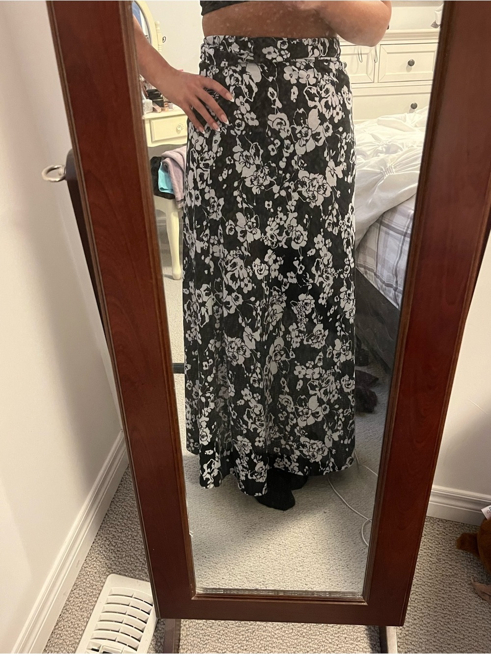 Black Floral Maxi Skirt with White Blossom Print